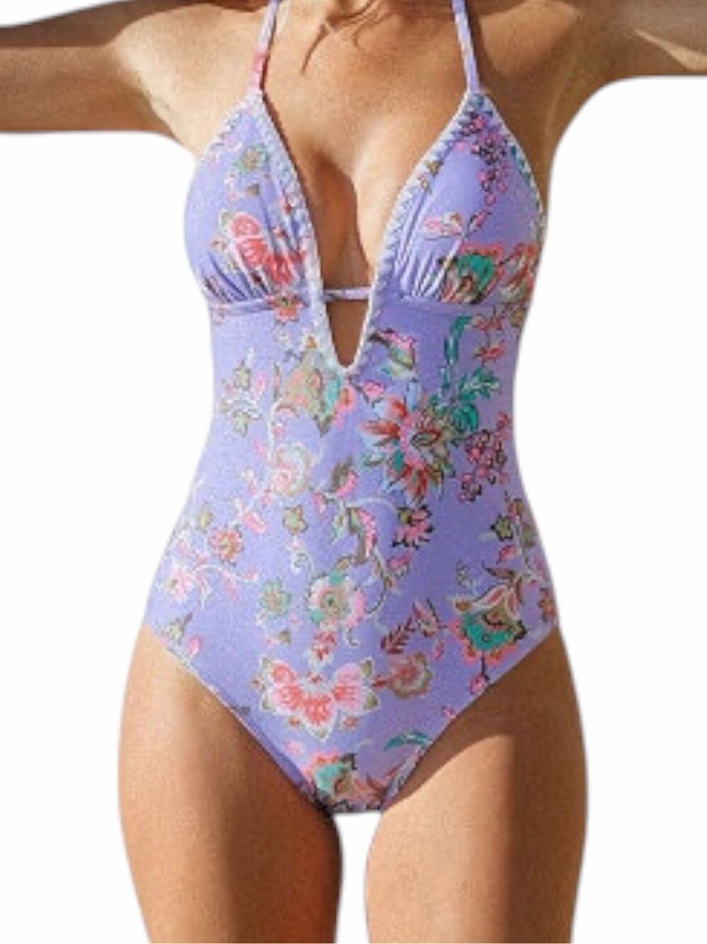 CUPSHE Dreamy Garden Plunge One Piece Swimsuit Purple Floral Halter Large